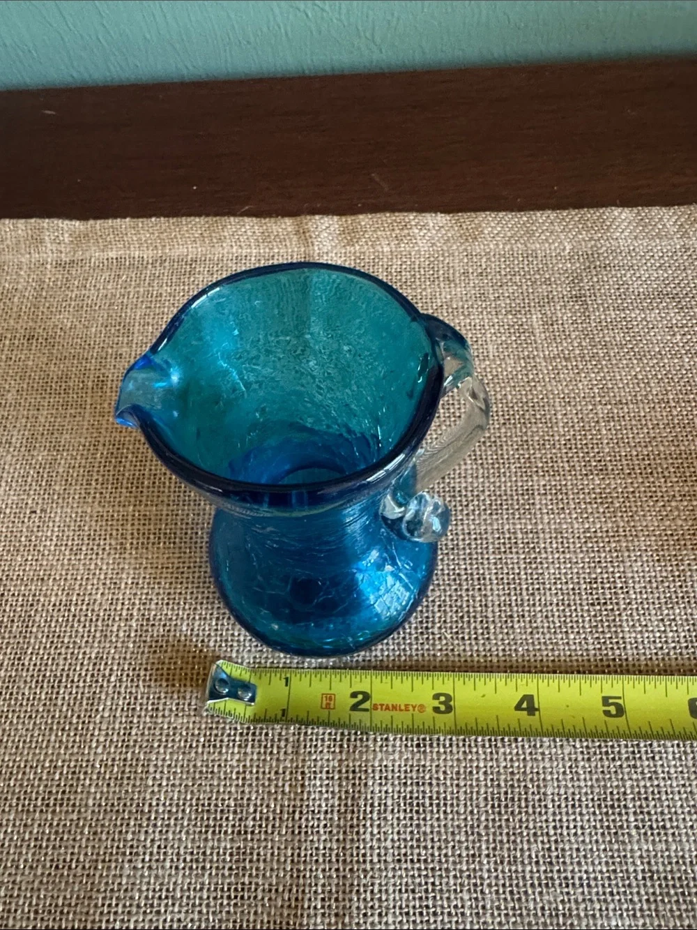 Hand Blown Blue Crackle Glass Pitcher Vase Clear Applied Handle 4”